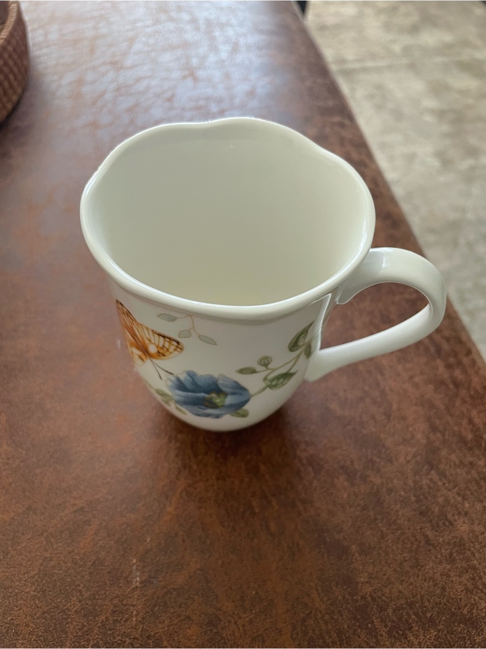 Lenox Porcelain Mug with Blue Floral and Orange Butterfly Accent